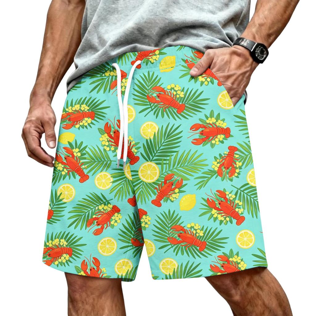 Men's Hawaiian Print Mesh Shorts with Drawstring Elastic Waist for Summer Beach