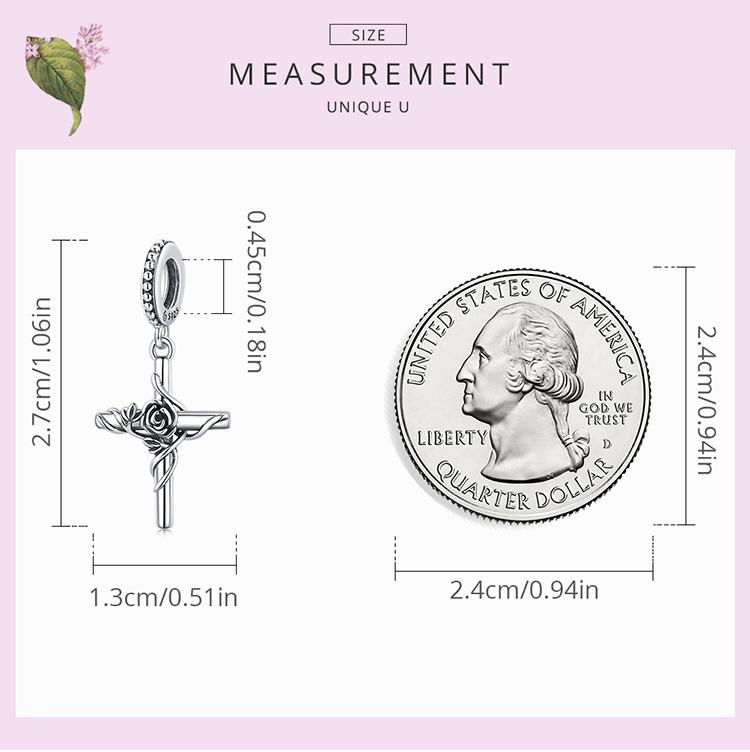 Bamoer 925 Sterling Silver Vintage Romantic Rose Vine and Cross Charm Pendant for Women Fine Jewelry