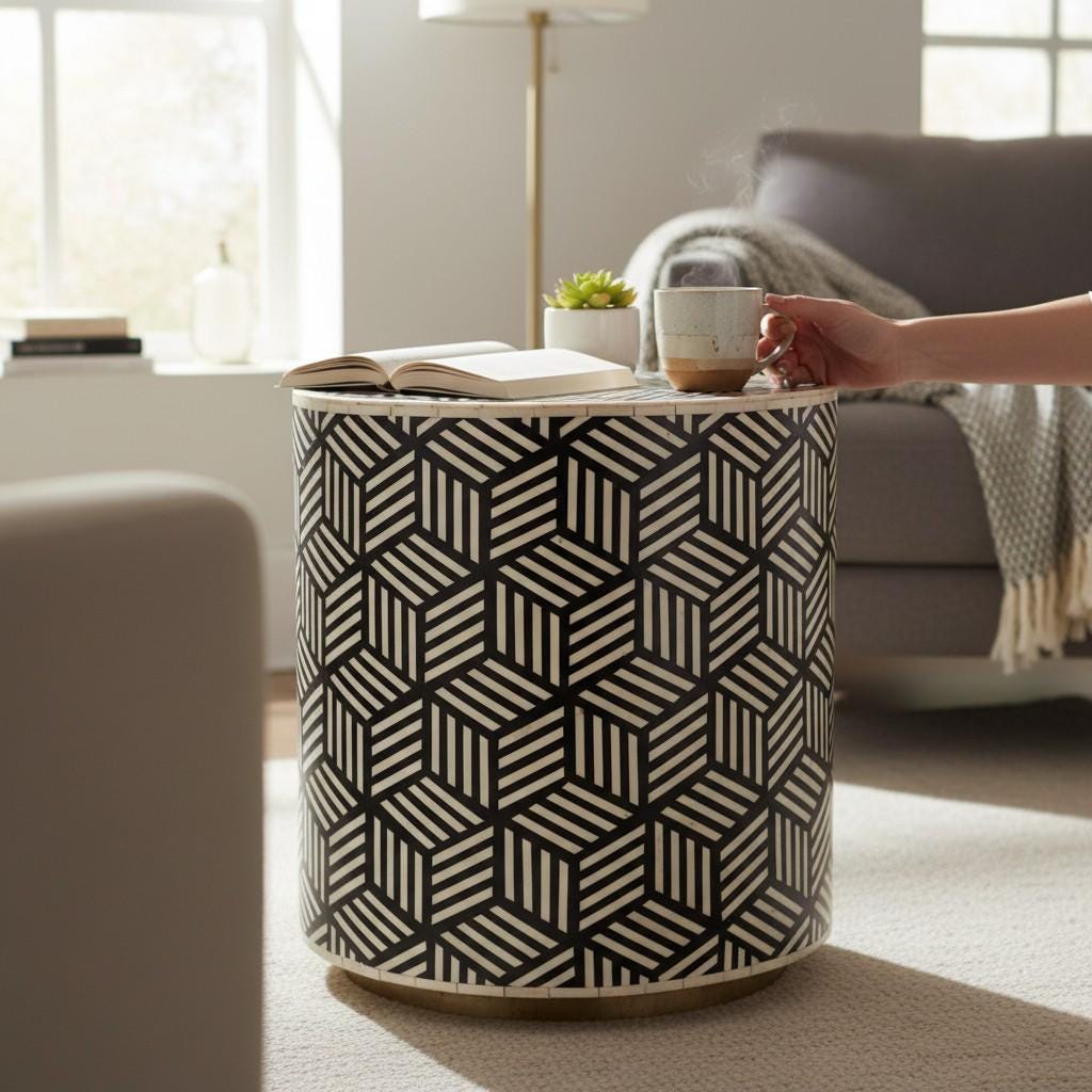 Wood Bone Inlay Drum Side Table, Bone Coffee Table Modern Patterned Cylinder Decor Table | Modern Cube Pattern Side Table | Central Table