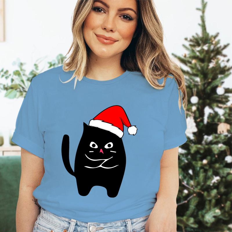 Christmas Black Santa Cat Trend Style Short Sleeve Tshirt Womens Christmas Gift Cute Animals Lovers Cartoon Classic Tshirts
