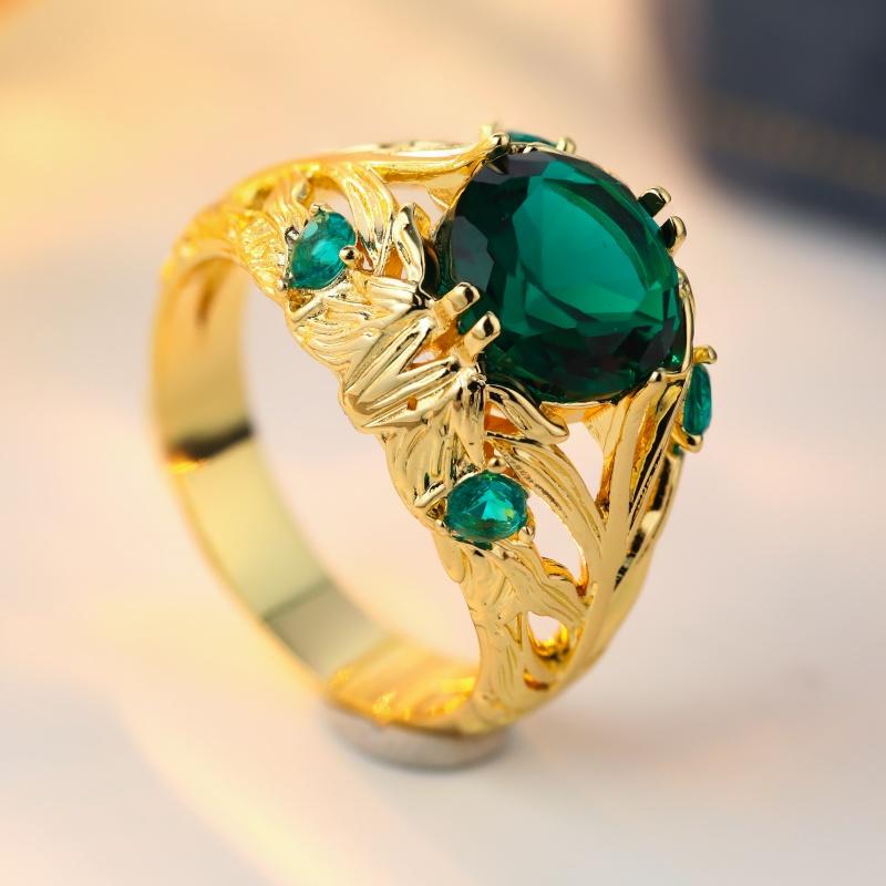 Vintage Inlaid Green CZ Women's Ring Ethnic Gold Color Hand Carving Daily Wear Party Jewelry Anniversary Gift