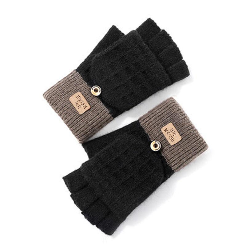Half finger flip gloves winter ladies cute fleece cold-proof warm wool knitted autumn and winter dew fingers