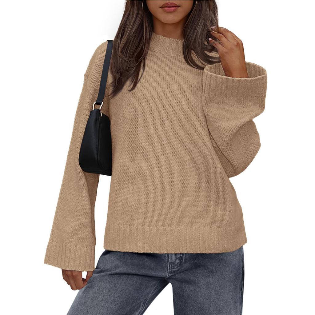 Womens Loose Round Neck Solid Color Bell Sleeve Long Sleeve Knitted Sweater Top