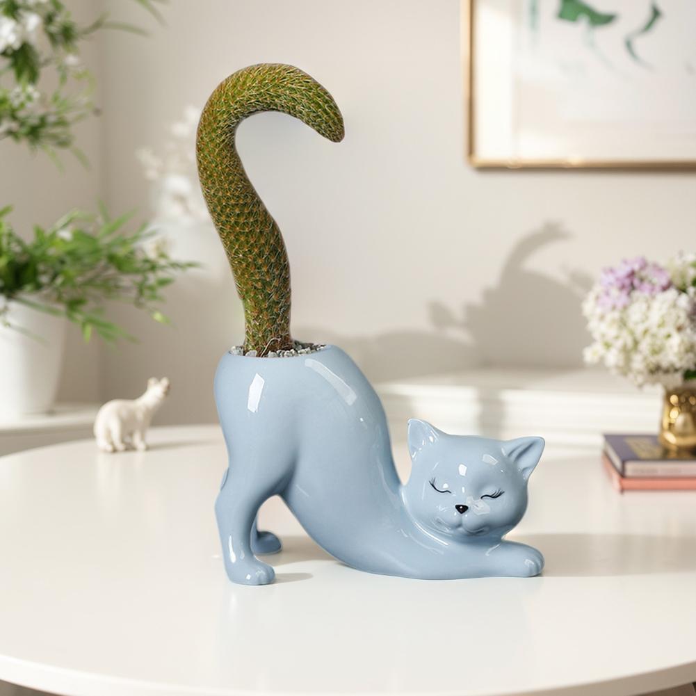 Ceramic Cat Shape Succulent Planter with Drainage Hole Cactus/Flower Container Garden Pots for Home Office Desk Windowsill Decor