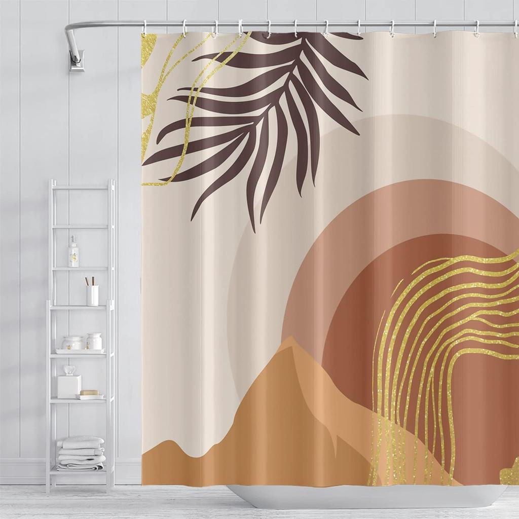 Boho Floral Bathroom Shower Curtain - Tropical Green Leaves, Pink Flowers - Waterproof Polyester Fabric - Mid Century Modern