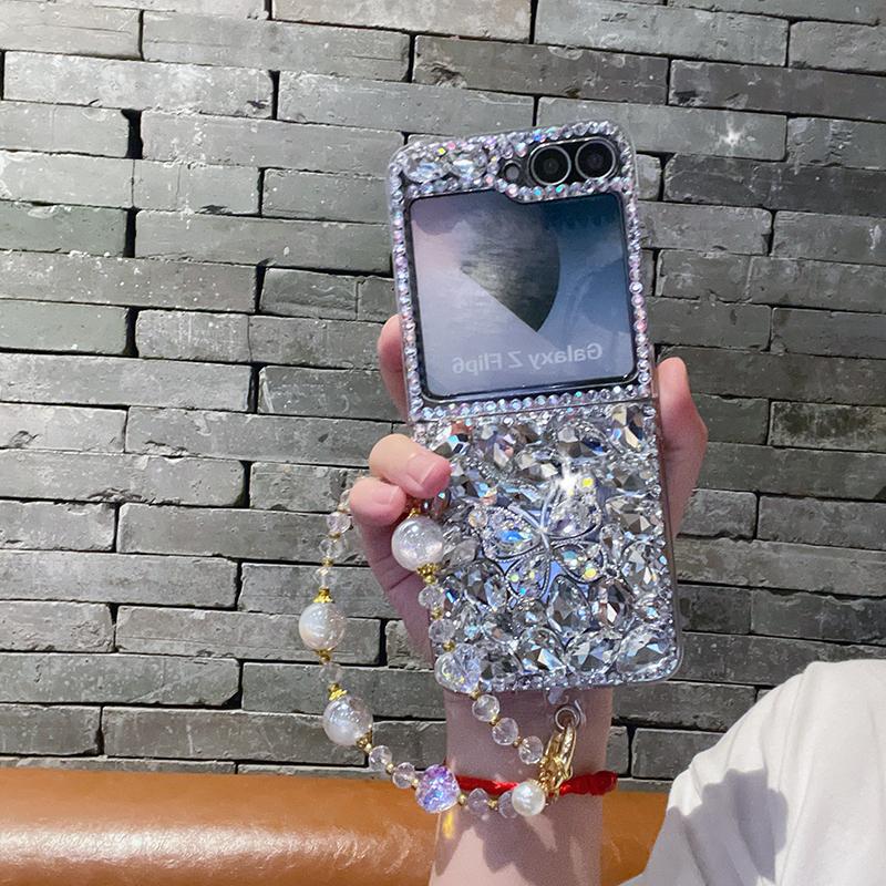 For Samsung Galaxy Z Flip 7 FE 6 5 4 3 5G Fashion Cute Rhinestone Butterfly Diamond Case Cover with Bling Crystal Hand Strap