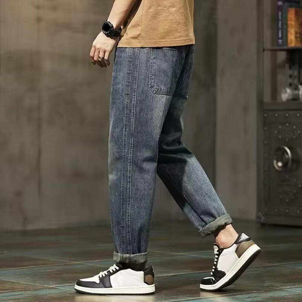Men Jeans Gradient Color Loose Fit Denim Pants with Multi Pockets Button Zipper Fly Harem Pants Streetwear