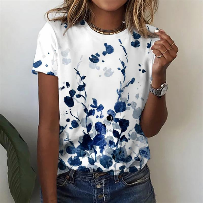 Summer Floral Leaf Gradient 3D Print T-shirts Women Streetwear Casual Fashion Y2k Short Sleeve T Shirt O-neck Tees Tops Clothing