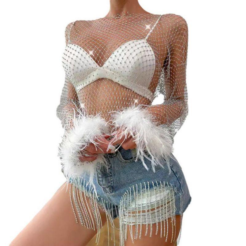 INS Style 2024 European and American Unique and Elegant New Arrival Rhinestone Mesh Cut Out Long Sleeves Women's Solid Color T-shirt Top