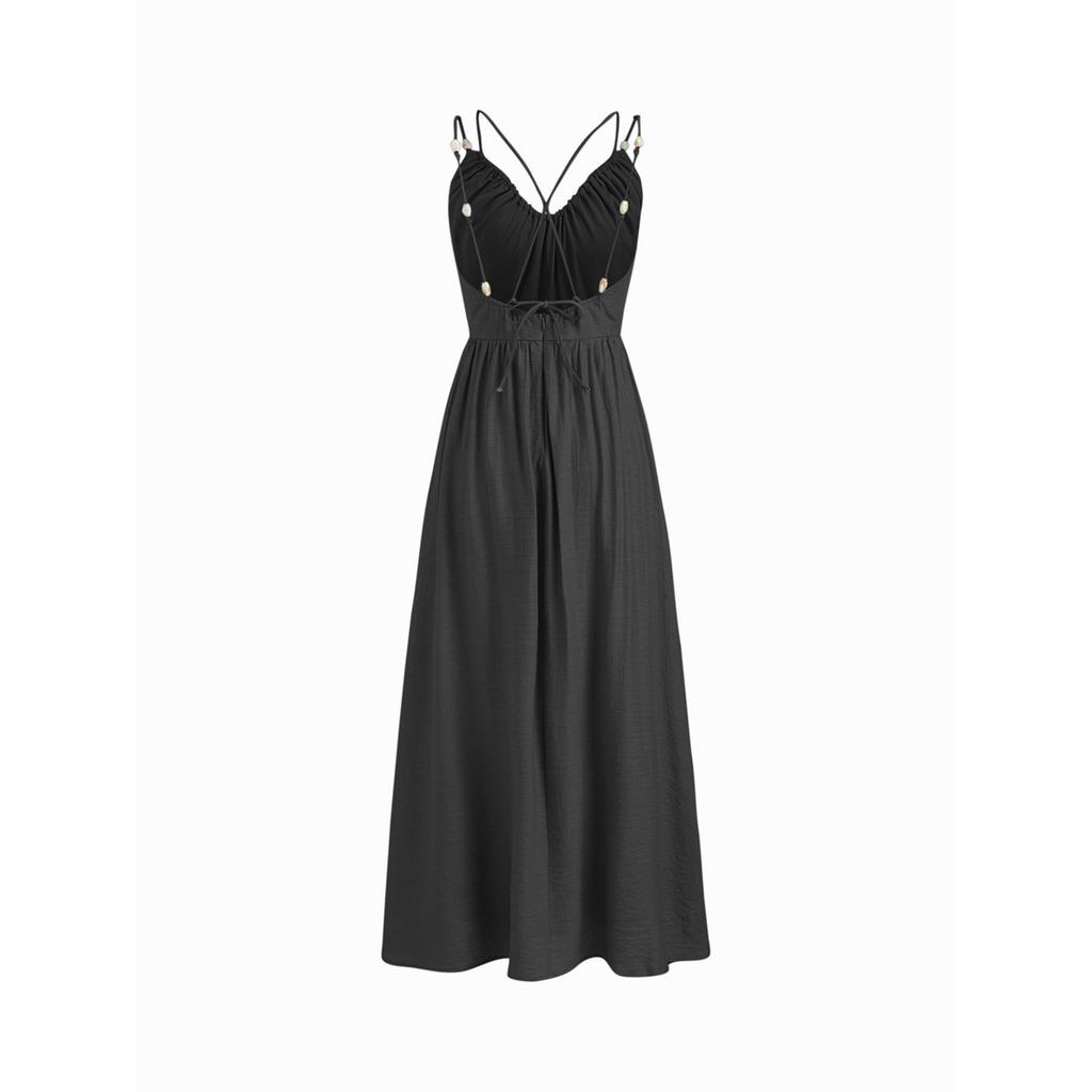 Sleeveless V Neck Maxi Dress with Adjustable Straps Flared Hem Casual Summer Holiday Dress Lightweight Loose Fit Long Dress for Women