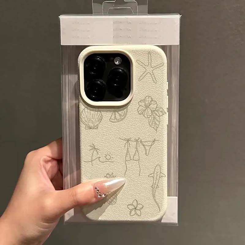 Summer Beach Line Art Doodle Pattern Design Protective Cover for iPhone 17 16 15 14 13 12 11 16E Series Pro Max Plus