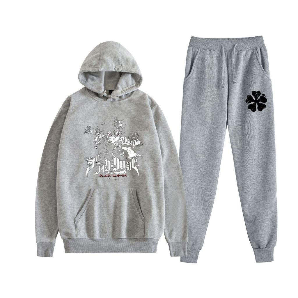 Europe, America, Autumn and Winter Black Four-leaf Clover Peripheral Two-dimensional Men's and Women's Leisure Sports Fleece Hooded Sweater Set 