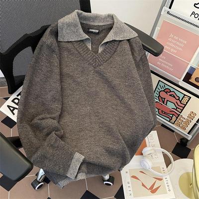 American Retro Fake Two-piece V-neck Sweater Men's Winter Lapel Old Money Wind Knitted Sweater Couple Lazy Wind Jacket
