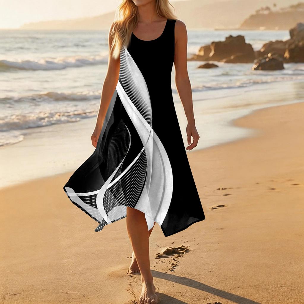 Damen Lässiges Mode-Midikleid mit Rundhalsausschnitt, ärmellos und unregelmäßigem Saum