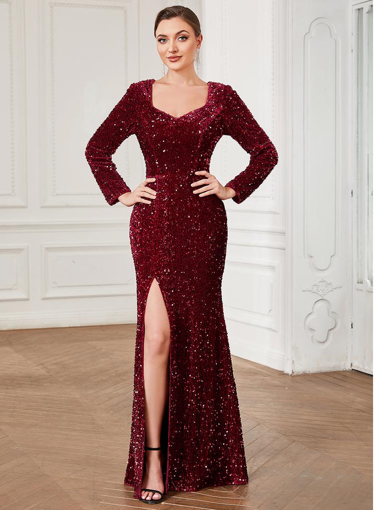 Ever-Pretty Women's Shiny Long Sleeves Sweetheart Fishtail Sequin Front Slit Bodycon Evening Dresses