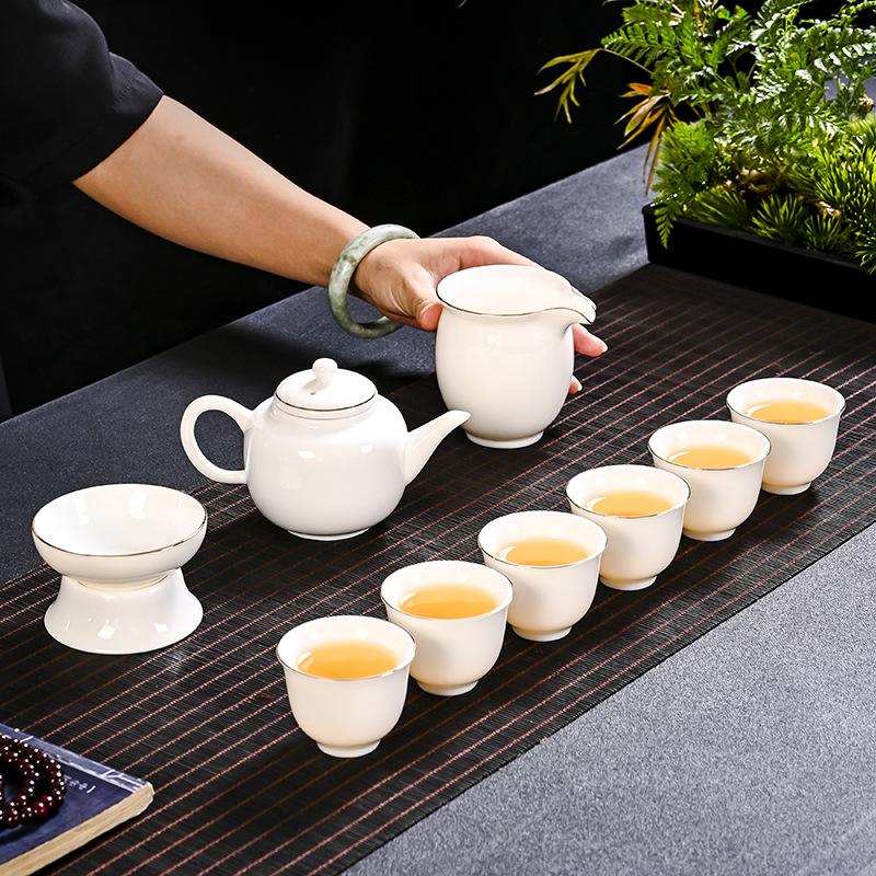 Dehua White Porcelain Suet Jade Kung Fu Tea Set Handmade Ceramic Gold Painting Line Opening Event Gifts