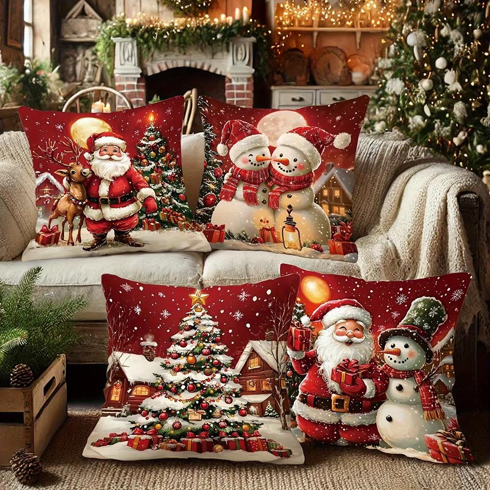 Christmas Santa and Snowman Pillow Covers Christmas Decorative Home Double-sided Print Square Pillow Living Room Pillowcase Gift