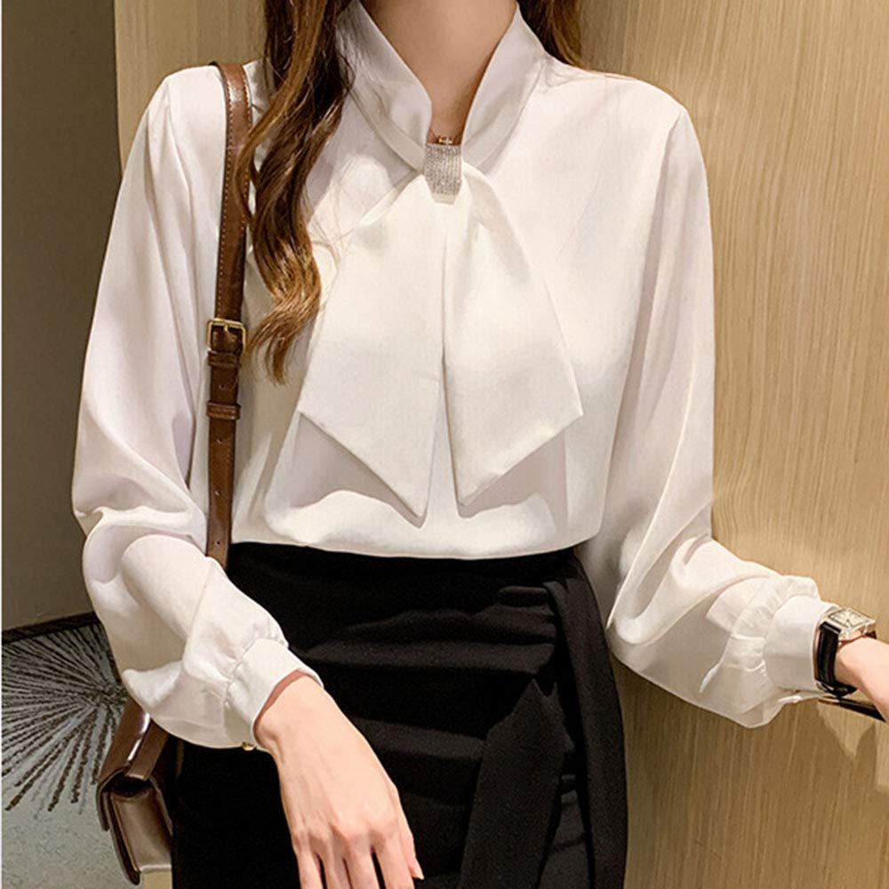 [SYitong] JFashion Bow Tie Blouse, Fresh and Flowy Blouse with Ribbon, Long Sleeved, Stylish, Office Casual Chiffon Blouse, Spring Clothing, Ribbon Bl