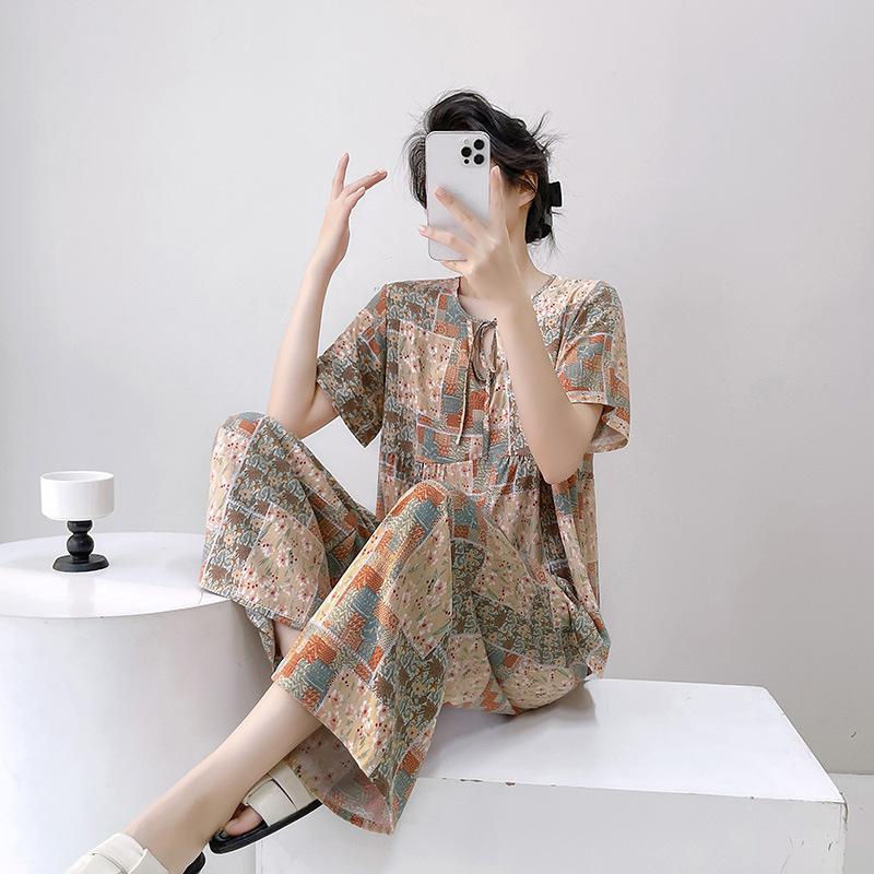 1011 New Spring and Summer Cotton and Silk Pajamas Women's Short-sleeved Trousers Round Neck Thin Fashion Casual Cute Loungewear Cover