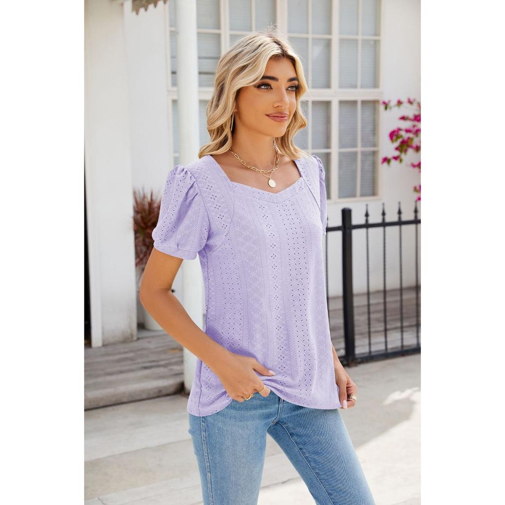 Spring Summer New Women's Solid Color Square Neck Puff Short Sleeve T-shirt Loose Casual Top For European American Cross-border