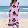 Women's Casual Fashion Retro Print V-neck Long Sleeve Waist Long Dress