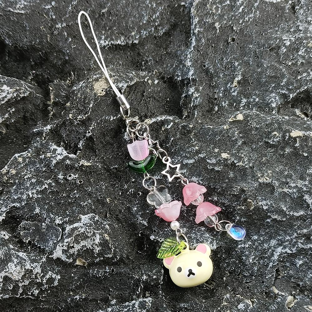 Cute Bell Bear Pendant Matching Phone Charms Keychains Y2K Handmade Rilakkuma Strawberry Beaded Accessories Jewelry Couple Gifts