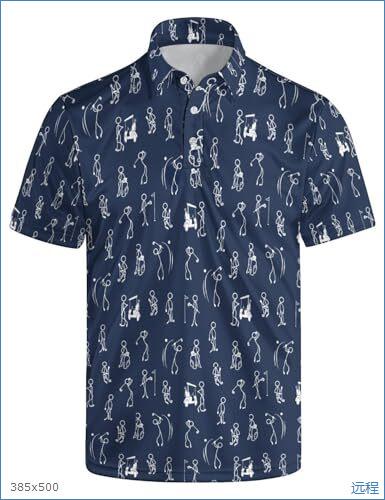 Short-sleeve polo shirt with golf stick figure prints, versatile casual top.