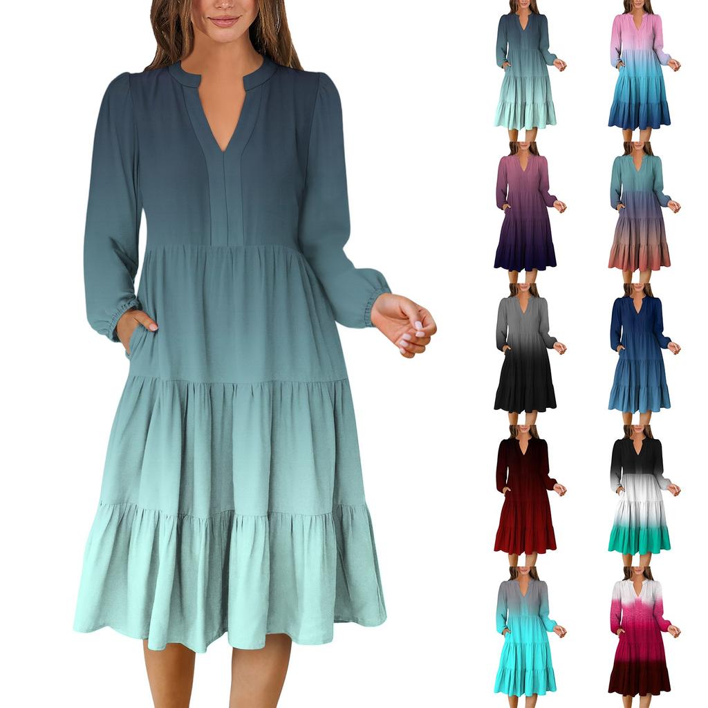 Women's V-Neck Flowing Layered Bohemian Long Sleeve Gradient Print Dress