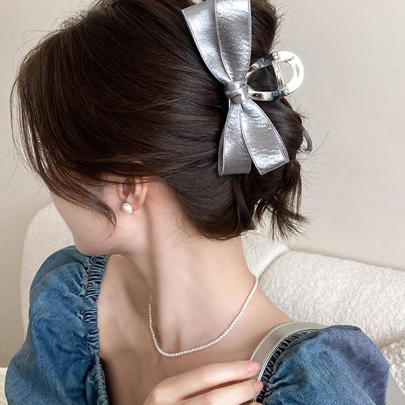 Silver Gray Fabric Bow Satin Grab Clip New Fashion Commuter Hair Grab Simple and Versatile Temperament Hair Accessories