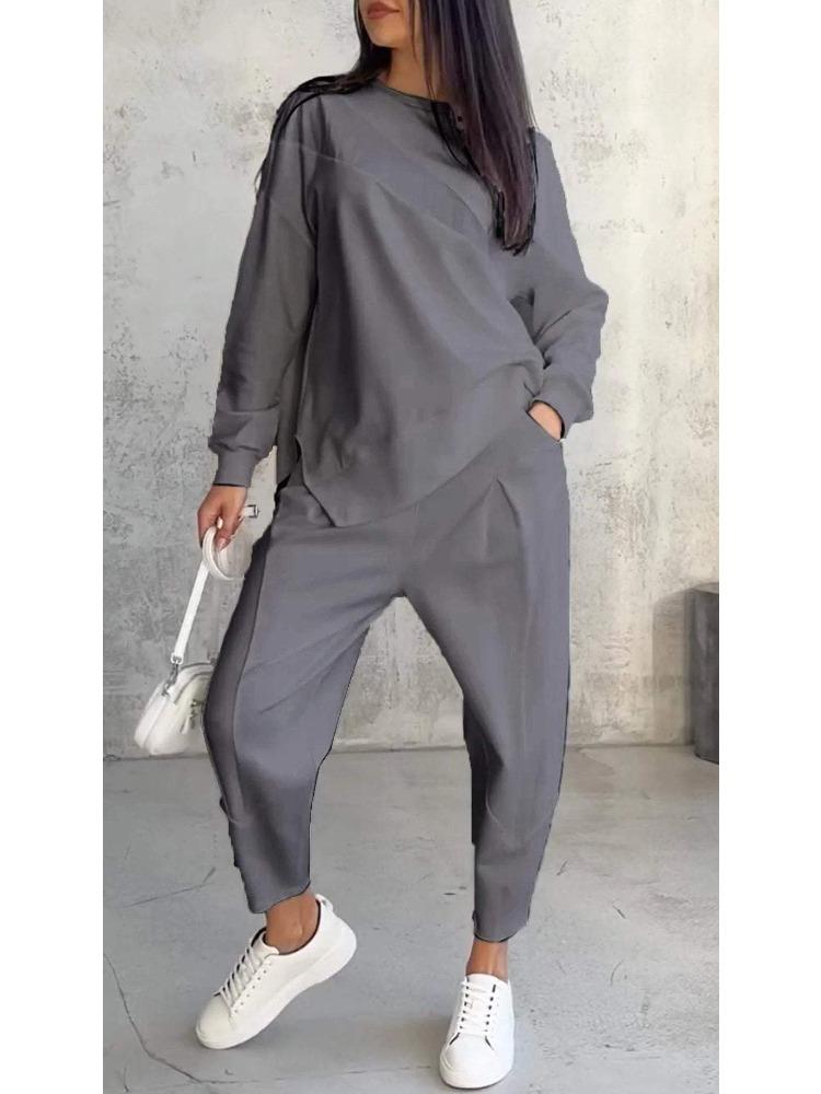 Women's Streetwear Comfortable Casual Workwear-Style Round-Neck Loose-Fit Asymmetrical Long-Sleeve Top and Trousers Set