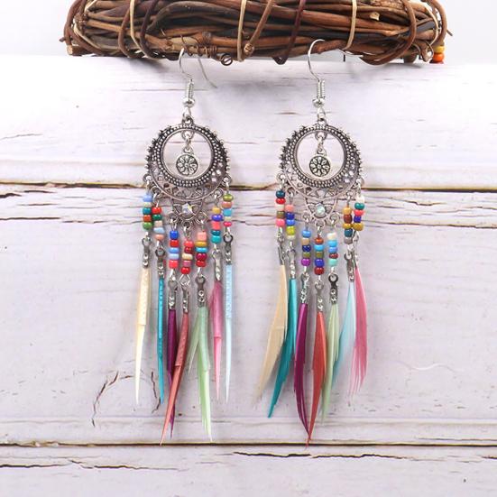 Boho Women Hollow Carved Circle Feather Tassel Dangle Hook Earrings Jewelry