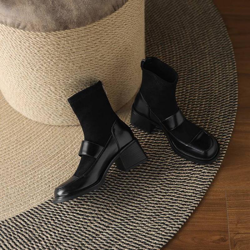 Neue runde Lederkopf-Martin-Stiefel einfarbig Reißverschluss hinten große Größe Lederstiefel Koreanische Version bequemer Blockabsatz weiche Sohle mittel b