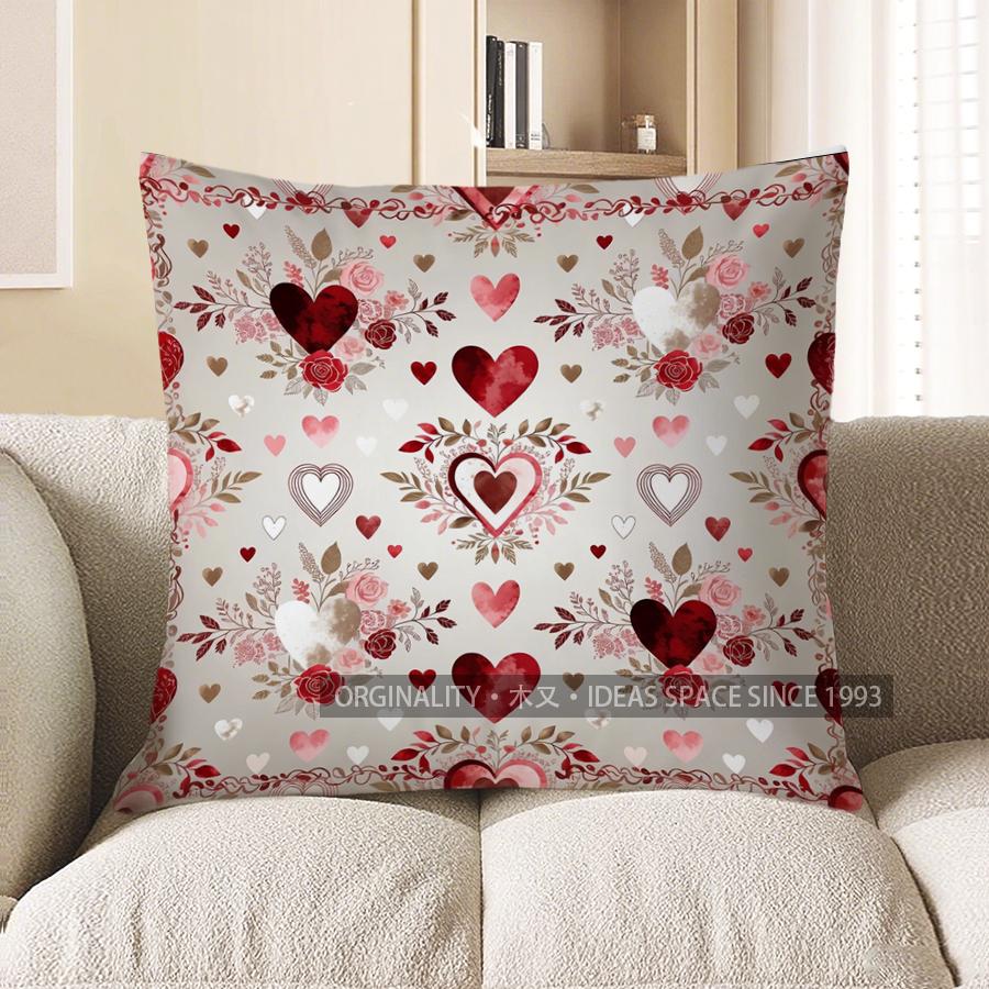 2D Heart & Rose Pattern Decorative Pillow Covers Pattern Cushion Cover Suitable For Sofa Bedroom Car Pillow Cover