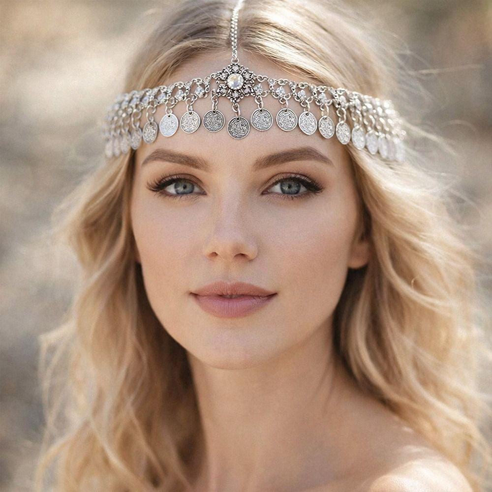 Vintage Diamond Embedded Forehead Chain Tassel Gold Silver Women's Headwear Ethnic Style Headwear Women