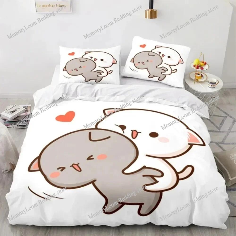 Lovely Peach Cat Cute Bedding Set Cartoon Anime Adult Kid Bedroom Soft Duvet Cover 3D Print Vibrant Kawaii Anime Cozy Set