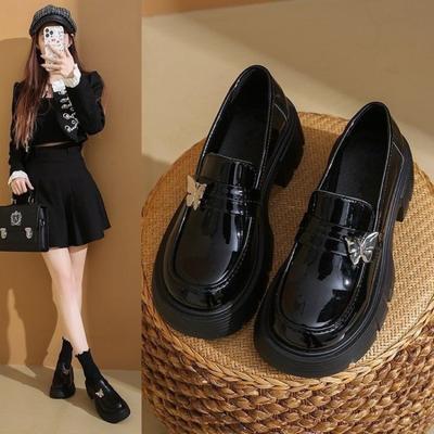 Retro Round Head Thick Sole Heightening Small Leather Shoes Women's Autumn New Small Bow