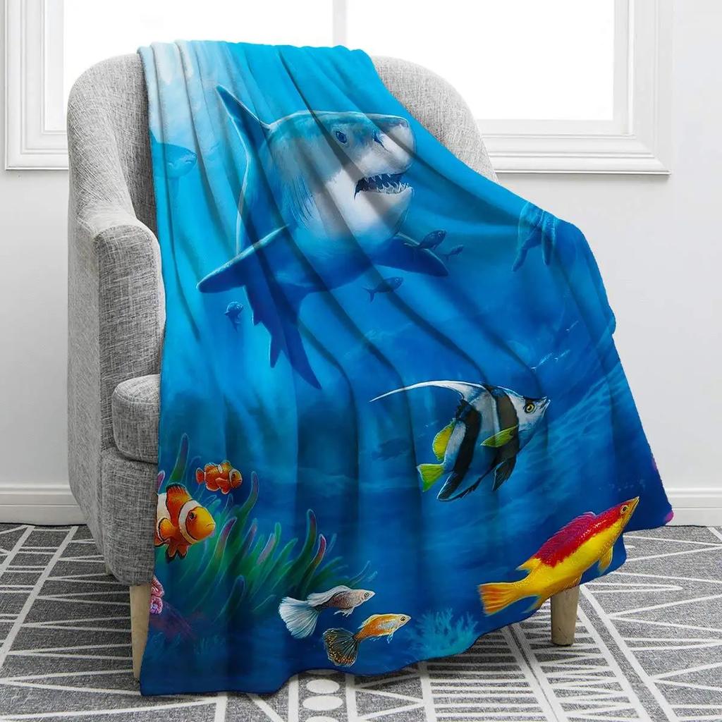 Marine animal cartoon animation digitalprinted polyester velvet flannel cover blanket Fleece soft sofa cover blankets for beds