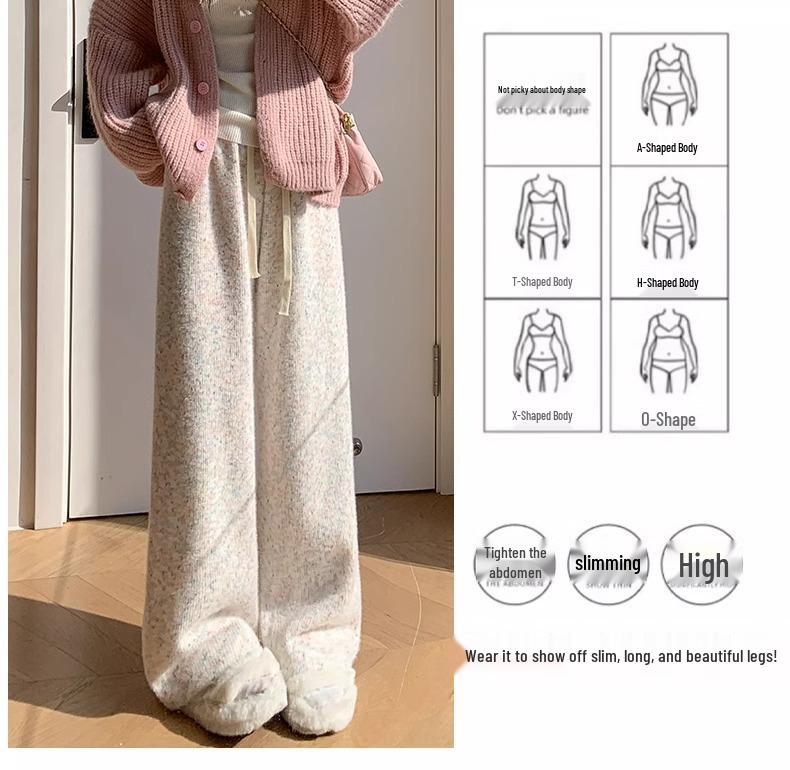 Petite Fleece-Lined Korean Rainbow High Waist Loose Wide-Leg Pants 145xs