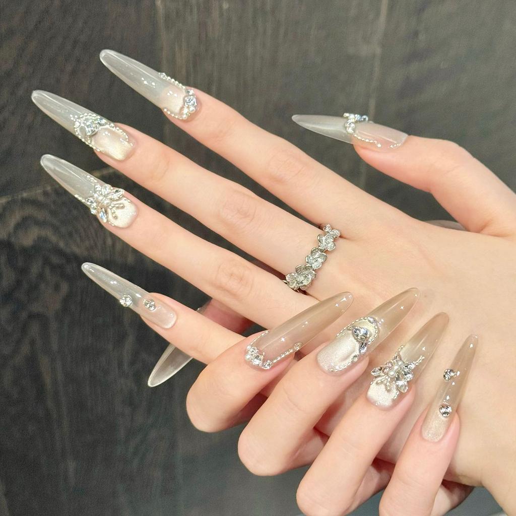 10PCS Cat Eyes False Nails with Rhinestone Sweet & Charming Reusable False Nails for Hot Girl Dress Matching