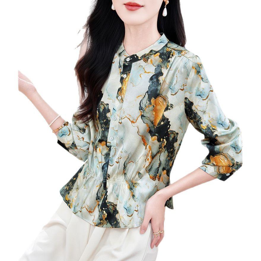 Silk shirt women's long sleeves spring and summer new printed loose large size meat-covered mulberry silk top