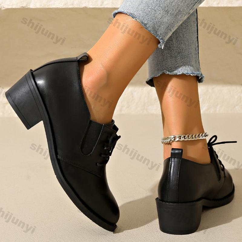Women's Elegant Chunky Heels Lace-up Pumps Fashion Solid Color Leather Shoes Women Black Pointed Mid Heeled Loafers Plus Size 43