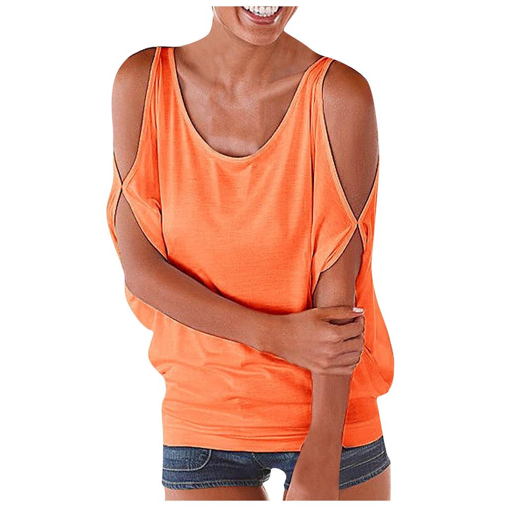 Women's Fashion Solid Color Strapless  Sleeve Loose Hundred Casual T-shirt