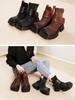Johnature Genuine Leather Square Toe Short Boots Retro Thick Sole Thick Heels Women's Shoes
