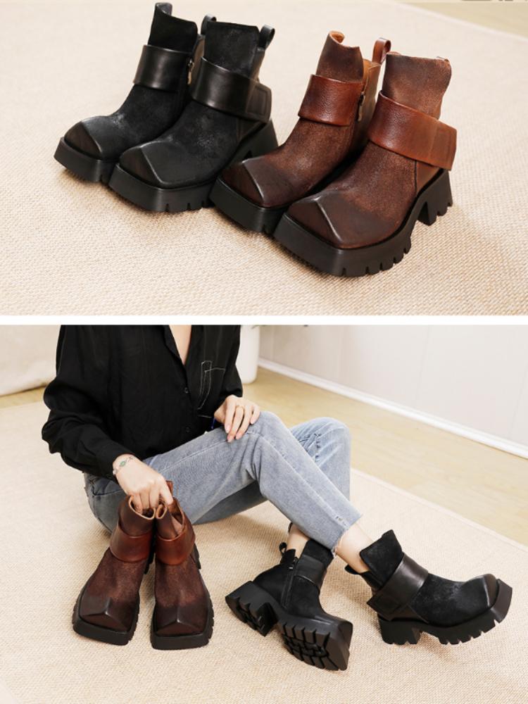 Johnature Genuine Leather Square Toe Short Boots Retro Thick Sole Thick Heels Women's Shoes
