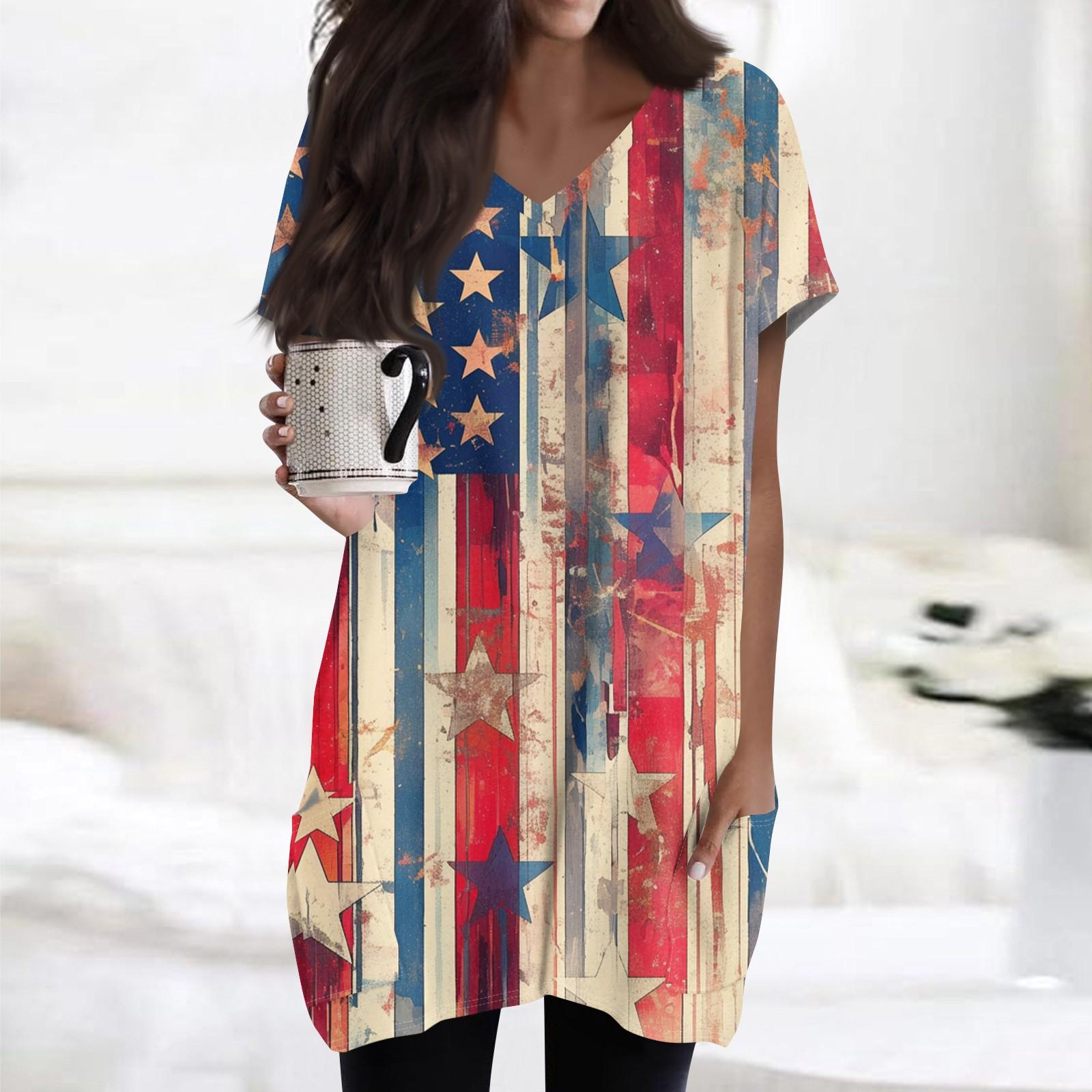 

Женский топ с принтом флага Дня независимости, V-образным вырезом, карманом средней длины и коротким рукавом XXL киноварь