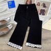 Petite Zwarte Kant Patchwork Micro-Flare Cropped Jeans - Grote Maten Slank Makend Elastisch Dames Zomerbroek
