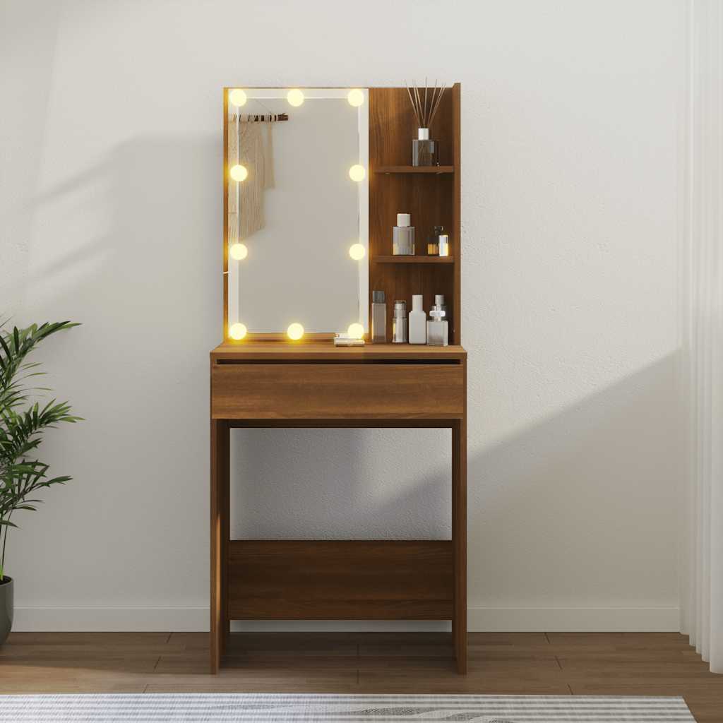 Makeup Table with LED Lights Brown Oak Effect 60 x 40 x 140 cm