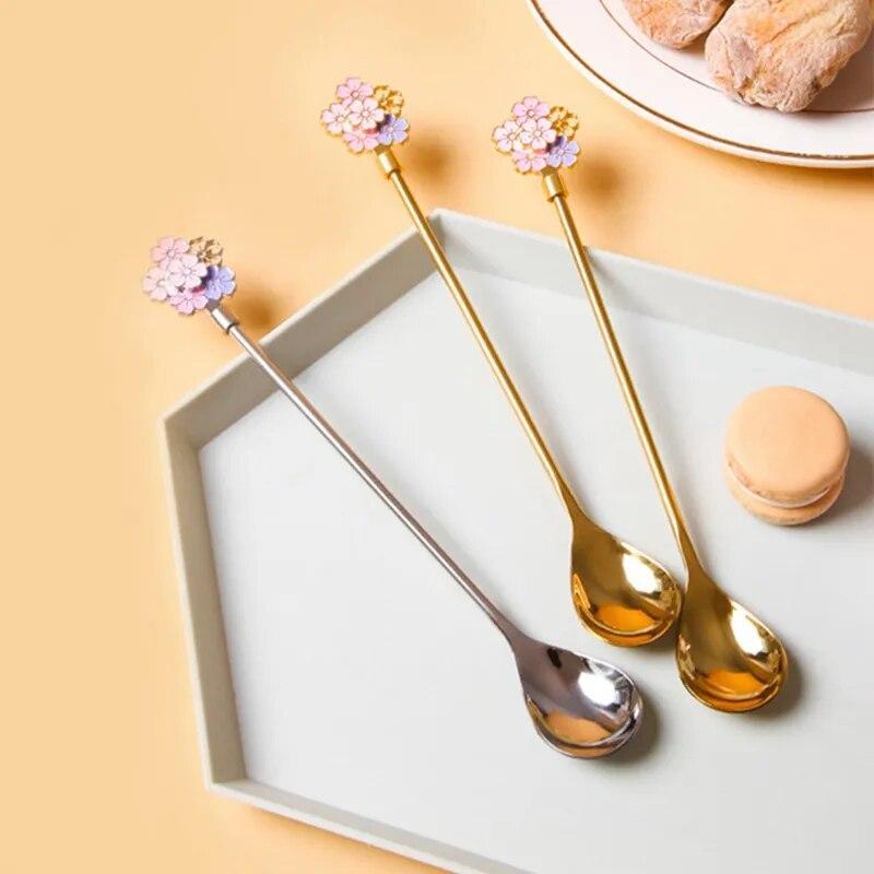 Mixing Spoon 304 Stainless Steel Spoon Home Dessert Spoon Drift Cherry Blossom Spoon Long Handle Spoon