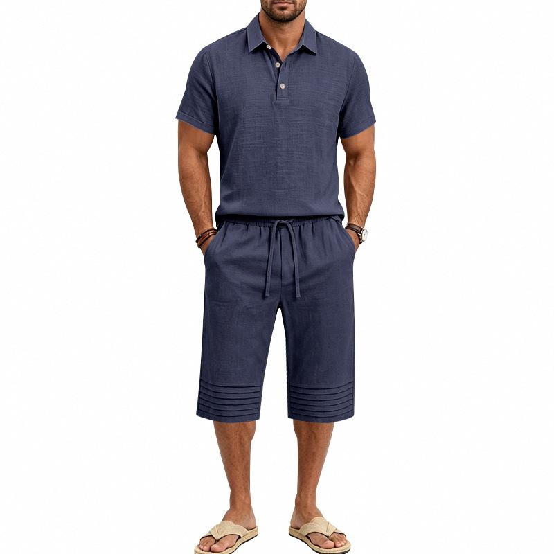 Summer Men's Casual Sportswear Sets Lapel Men's Short-Sleeved Shirt and Shorts Solid Beach Set