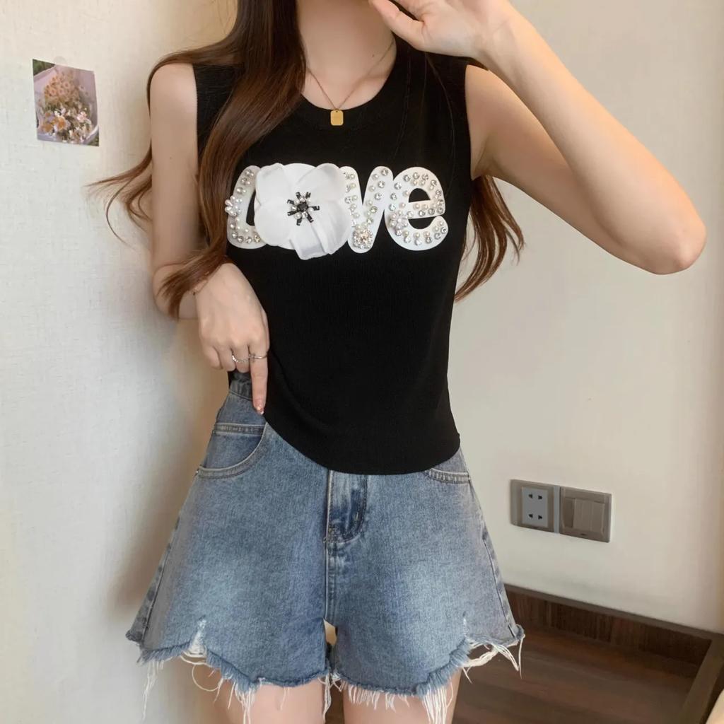 WTEMPO Nail Bead Embroidery Women's Spring Summer Large Size Black Casual Camisole Vests Autumn Versatile O-Neck Sleeveless Knitted Tank Tops